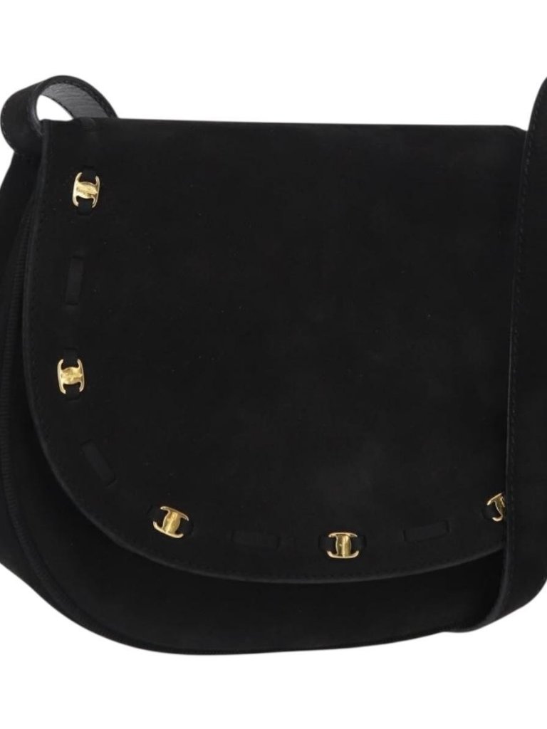 Salvatore Ferragamo Vala Shoulder Bag Suede Black Gold Auth Ba9286